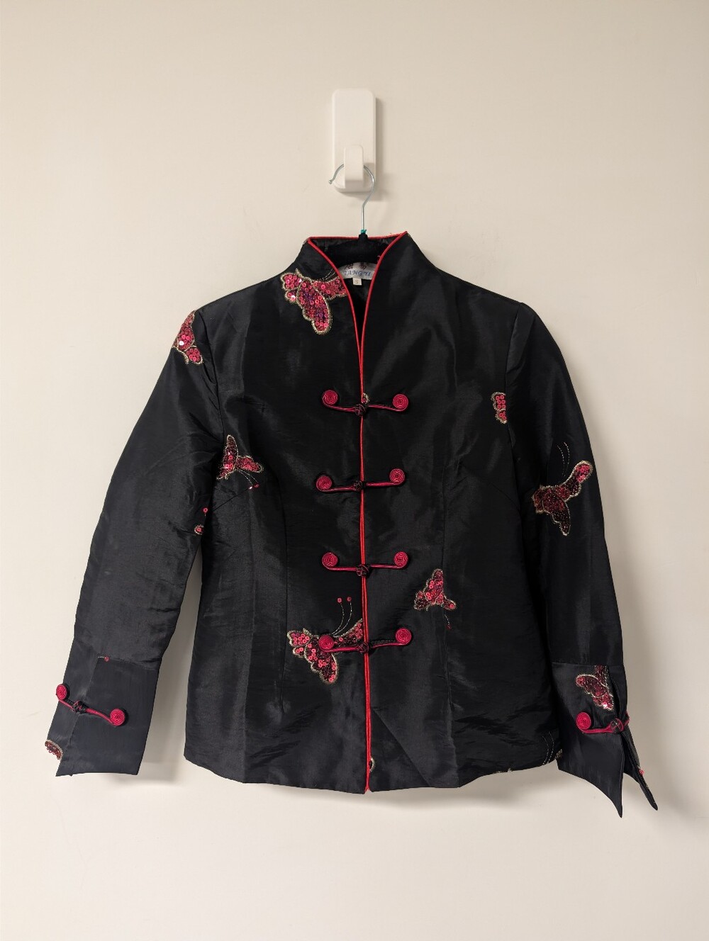 Frog closure Mandarin Collar Jacket with Pink Sequin Butterflies